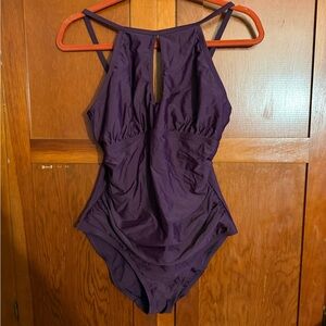 Ellen Tracy Women Size 14 Keyhole High Neck One Piece Swimsuit Eggplant